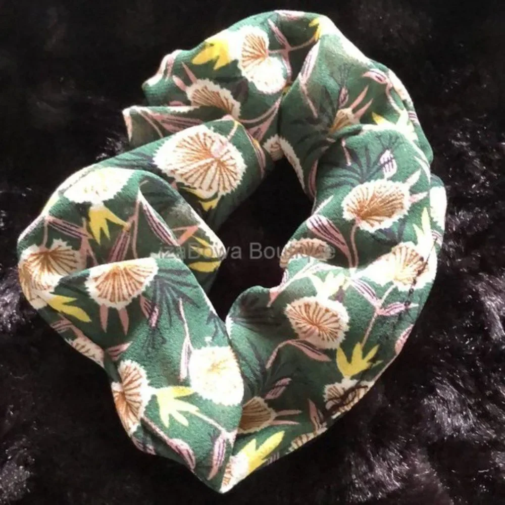 Green Flower Chiffon Scrunchie SC2790   (kids)  HANDCRAFTED  Boutique